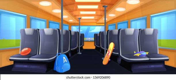 School Bus interior. Seats in transport when traveling at day. Road to vacation. Vector cartoon illustration 