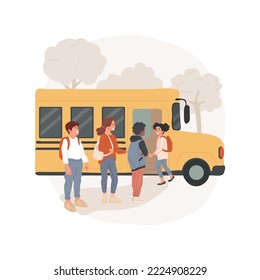 School bus isolated cartoon vector illustration. Transportation system, traditional public school, student lifestyle, children with backpacks getting in a yellow bus at the stop vector cartoon.