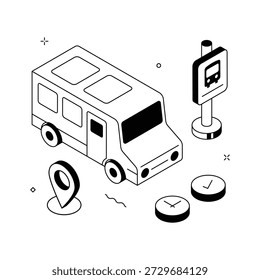 Ilustración isométrica de autobús escolar, transporte estudiantil y viaje escolar