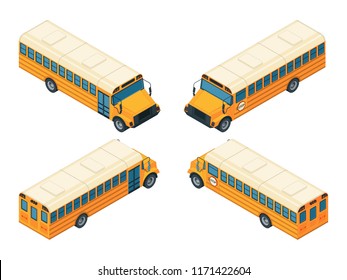 School bus isometric. Various views of school bus. Vector school bus transportation illustration