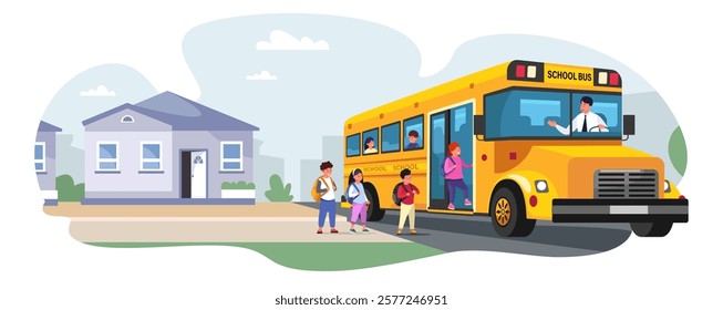 School bus with kids. Cartoon bus full of children going to school, happy excited students on morning transport adventure. Vector illustration.