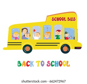 School bus with kids cartoon, vector graphic illustration