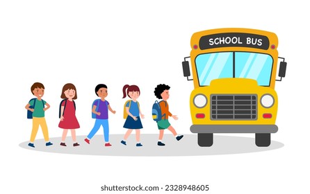 School bus kids concept. Child students enter school bus in flat design on white background.