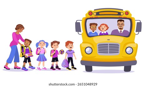 School bus and kids. Diverse children and adult standing near a yellow school bus. Front view of a bus with driver and  schoolchildren. Education, back to school, and safe transport themes. Vector.