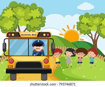 School bus with kids and driver on the hills illustration