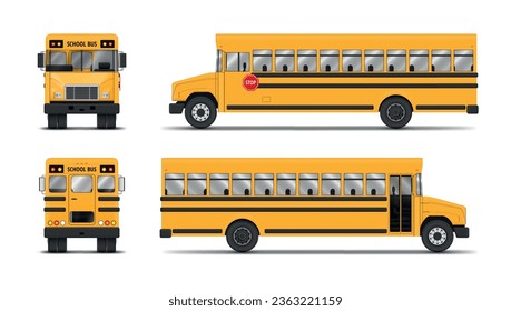 Schulbuskinder, die gelbe Passagiertransporte fahren, zeigen auf der Vorderseite eine realistische Vektorgrafik. Schülerinnen und Schülerinnen und Schüler, die an einer Hochschule teilnehmen