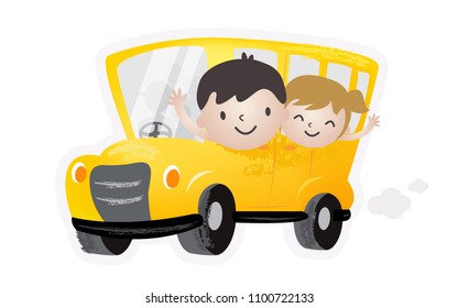 School bus with Kids Isolated Vector Illustration.