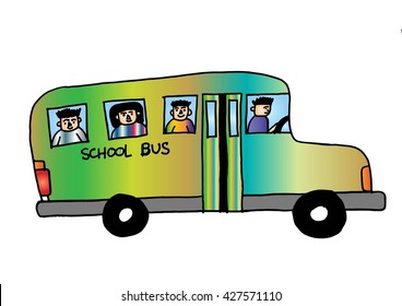 School bus. Kids riding on school bus. Doodle style.