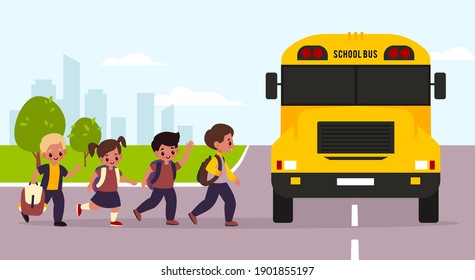 School bus kids. Students enter yellow transport, children group goes to classes, urban landscape, girls and boys with backpacks. Transportation of young cute pupils. Flat vector cartoon concept