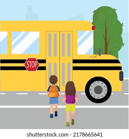 School bus kids. Students enter yellow transport, children group goes to classes, urban landscape, girls and boys with backpacks. Transportation of young cute pupils. Flat vector cartoon concept