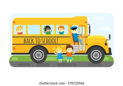 School bus kids transport vector illustration.