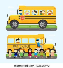 School bus kids transport vector illustration.