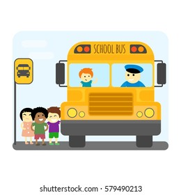 School bus kids transport vector illustration.