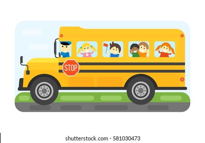 School bus kids transport vector illustration.