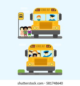 School bus kids transport vector illustration.