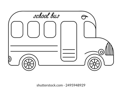School bus. Lettering on transport. Sketch. Vector illustration. Transport transporting children to school. Coloring book for children. Doodle style. Outline on isolated background. School theme. 