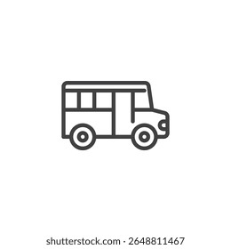 School Bus line icon. Outline icon vector of a side-view school bus. This icon symbol relates to transportation, education, and student safety.