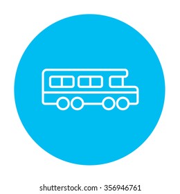 School bus line icon for web, mobile and infographics. Vector white icon on the light blue circle isolated on white background.