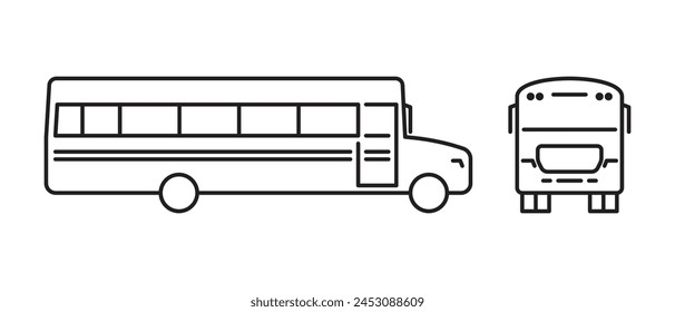 School bus, line illustration, side and front view, school bus icon, isolated on white background.