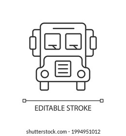 School bus linear icon. Transportation for students. Automobile to drive pupils. Transit for kids. Thin line customizable illustration. Contour symbol. Vector isolated outline drawing. Editable stroke