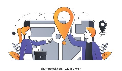 School bus location. Man and woman put marker on map, geolocation, navigation and GPS. Modern technologies and route tracking, logistics. Poster or banner for website. Cartoon flat vector illustration