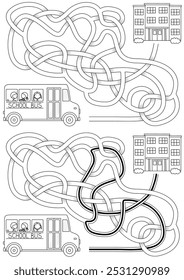 Laberinto de autobuses escolares para niños con una solución