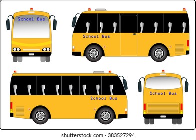 School bus, Mini bus of School bus. Side, Font and back view.