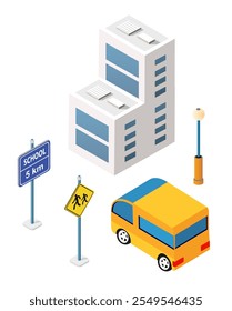 School bus moving on road near school building, road signs and street lamp in isometric projection