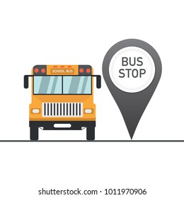 School bus near the pointer in flat style. Bus stop pointer. Front view. Colorful flat style cartoon vector illustration isolated on white background.