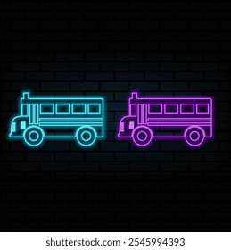 Rótulo de Neon de Ônibus Escolar. Ilustração vetorial da promoção da educação.