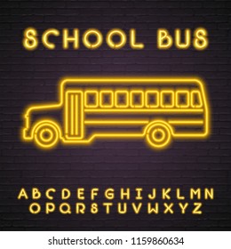 School Bus Neon Light Glowing Vector Illustration with Neon Alphabet Light