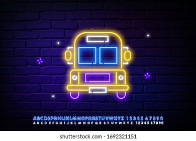 School bus neon sign. Modern orange school bus with headlights. Night bright advertisement. Vector illustration in neon style for transportation and education