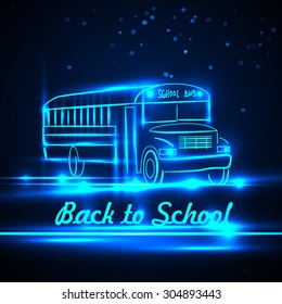 School bus neon. Vector illustration. Back to school