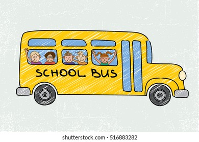 School Bus Old and Funny Delivering Kids with Smiling Faces in Windows Showing Greetings Signs - Black Blue Flesh Green Grey Orange Purple Red Yellow Elements on Grunge Background - Flat Graphic Style