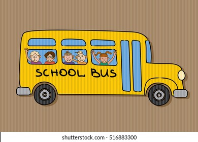 School Bus Old and Funny Delivering Kids with Smiling Faces in Windows Showing Greetings Signs - Black Blue Flesh Grey Orange Red Yellow Elements on Brown Cardboard Background - Flat Graphic Style