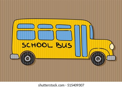 School Bus Old and Funny without Kids and Passengers Illustration - Black Blue Grey Yellow Outlined Elements on Brown Cardboard Background - Flat Graphic and Craft Texture Effect Style