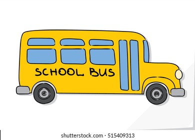 School Bus Old and Funny without Kids and Passengers Illustration - Black Blue Grey Yellow Outlined Elements on White Natural Paper Effect Background - Flat Graphic Style