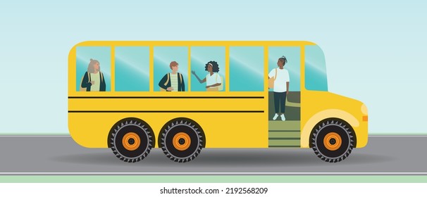 School bus on road, classmates inside, flat vector stock illustration with children on way to school