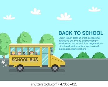 School bus on road illustration with copy space on right side of composition.