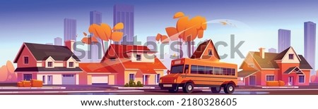 School bus on road in suburb district of city. Vector cartoon illustration of autumn landscape of street with suburban houses, orange trees and yellow bus for kids