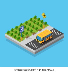 School bus on the street parking lot for schoolchildren and students. Vector illustration of study education.