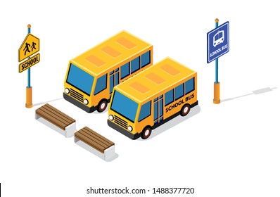 School bus on the street parking lot for schoolchildren and students. Vector illustration of study education.