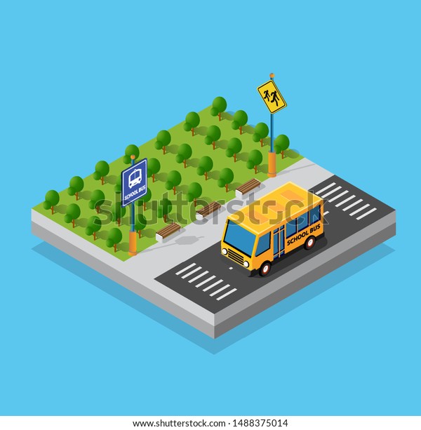 School bus on the\
street parking lot for schoolchildren and students. Vector\
illustration of study\
education.
