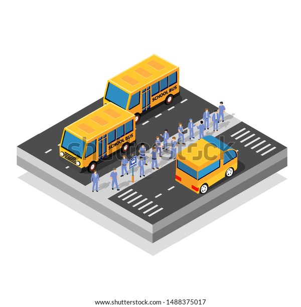 School bus on the
street parking lot for schoolchildren and students. Vector
illustration of study
education.