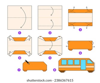 School bus origami scheme tutorial moving model. Origami for kids. Step by step how to make a cute origami transport. Vector illustration.