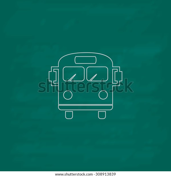 School Bus. Outline vector icon.\
Imitation draw with white chalk on green chalkboard. Flat Pictogram\
and School board background. Illustration\
symbol