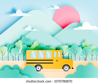 School bus paper art style driving on the road with beautiful background vector illustration