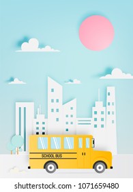 School bus paper art style driving on the road with beautiful background vector illustration