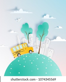 School Bus Paper Art Style Driving On The Road With Beautiful Background Vector Illustration