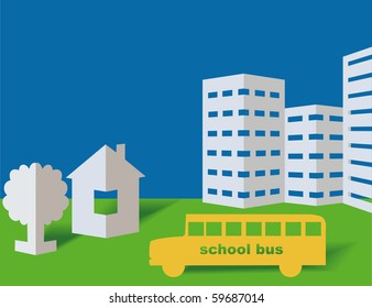 School bus from a paper on a blue background
